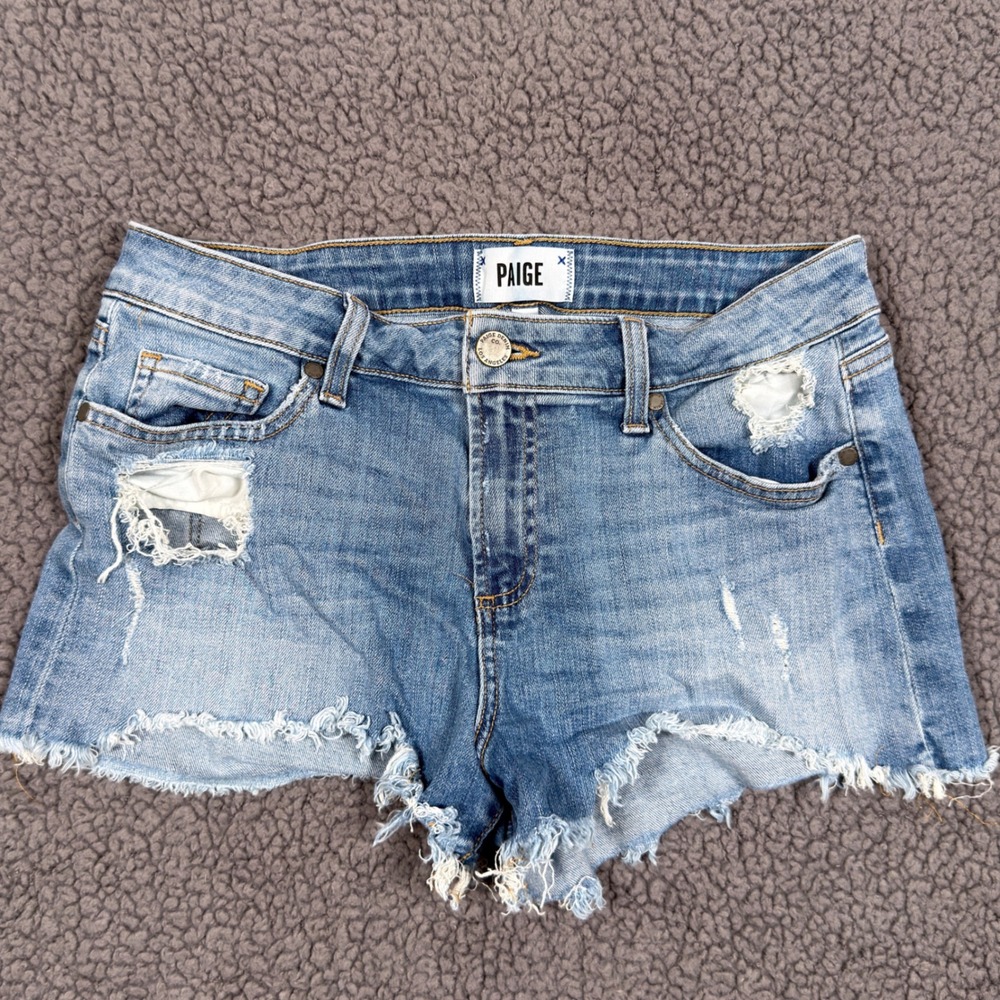 Paige Daryn Short Juno Destructed Distressed Denim Cut Off Shorts 27 Blue Wash